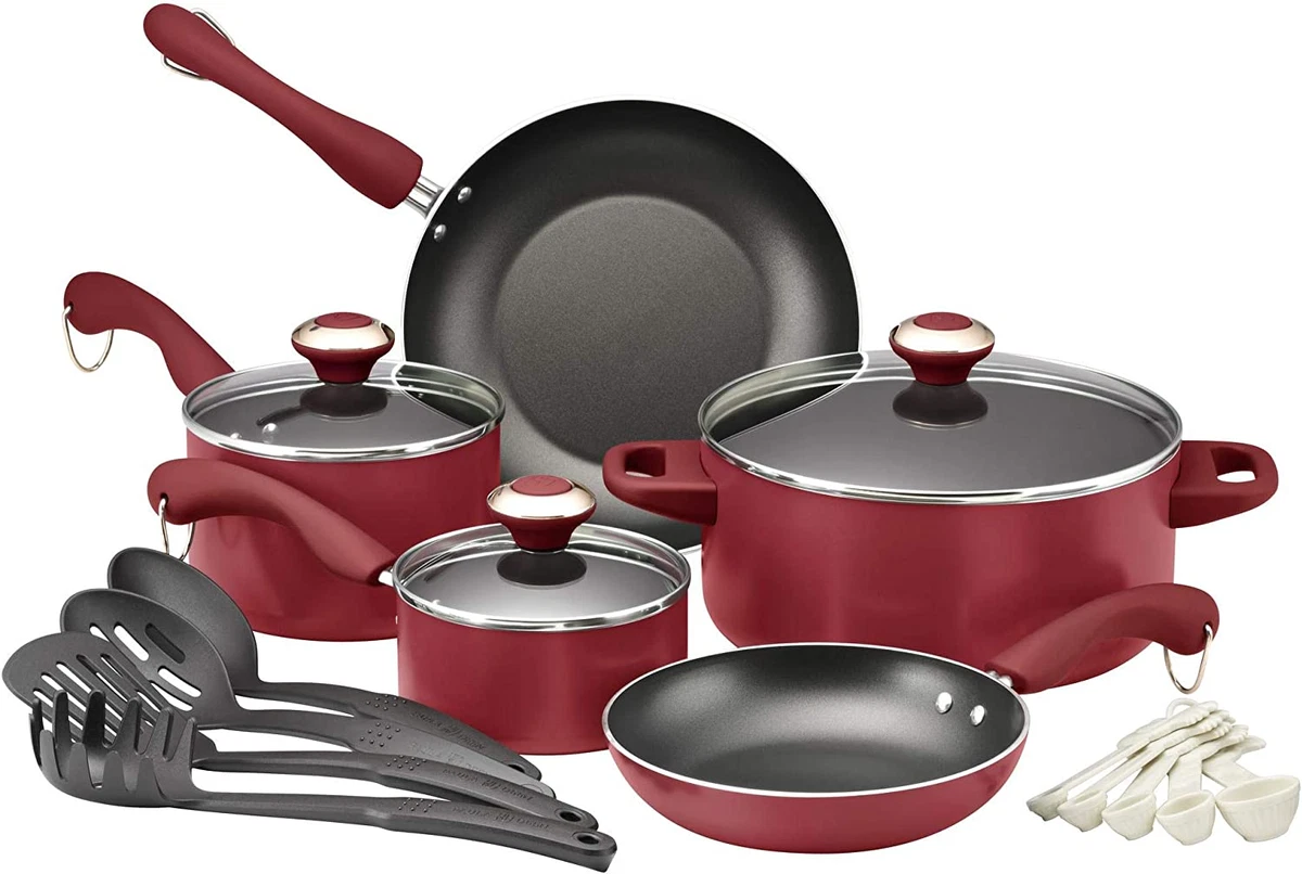 Nonstick Cookware Set Paula Deen Pots and Pans Set 17 Piece Dishwasher Safe Red