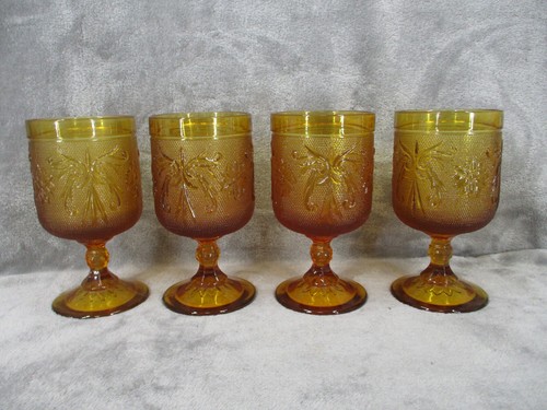 Indiana Tiara Table Wine Goblet Set Sandwich Pattern Floral Amber Glass 4 Piece - Picture 2 of 12
