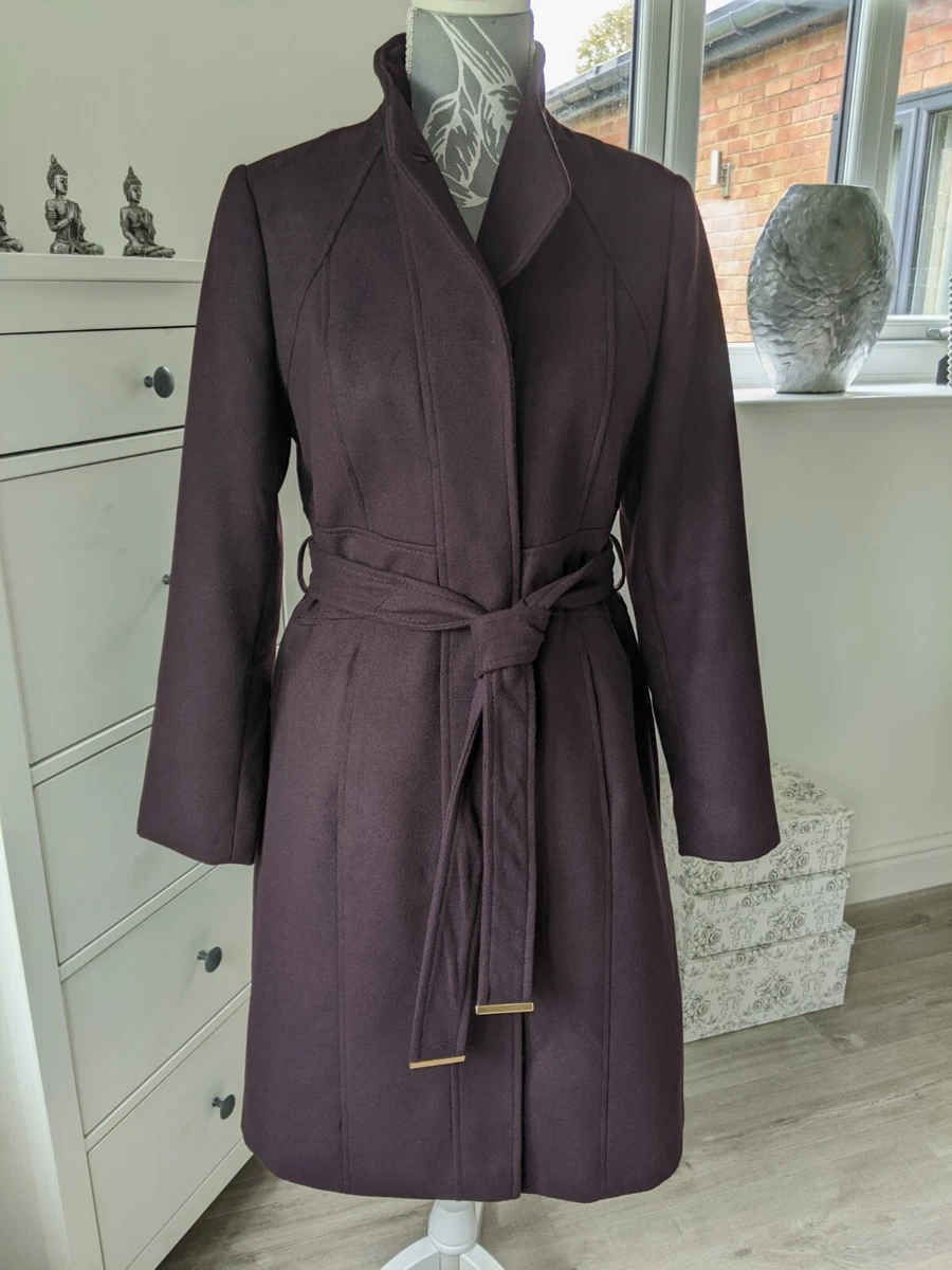 Ladies New Single Breasted Aubergine Dark Burgundy Belted Coat By