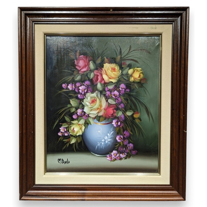 Pintura al óleo española vintage bodegón "Ramo de flores" firmada M. AVILS