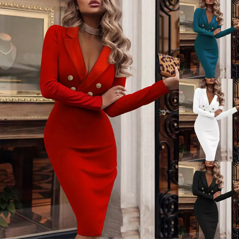 Womens Sexy V Neck Long Sleeve Mini Dress Ladies Work Suit Blazer Business  Dress