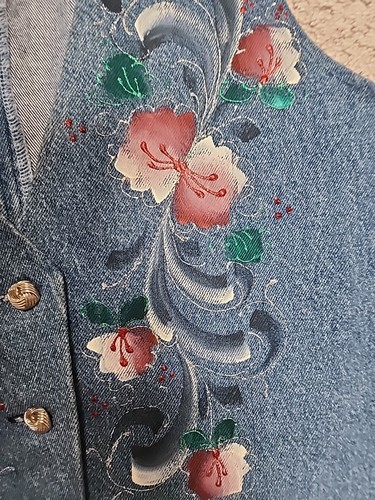 Norwegian Rosemaling Folk Art DARK Blue Denim Vest Women's L Hand Painted - Picture 3 of 8