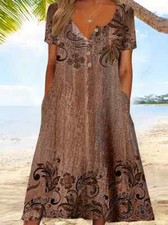 Plus Size Elegant Dress, Women's Plus Floral Print Short Sleeve Button Decor V N