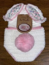 So Dorable Hand Crocheted Infant Hat Bottom Set 0-6M White Pink Bunny Ears Tail