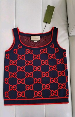 GUCCI TANK TOP SLEEVELESS KNIT SWEATER CARDIGAN GG LOGO BLUE RED