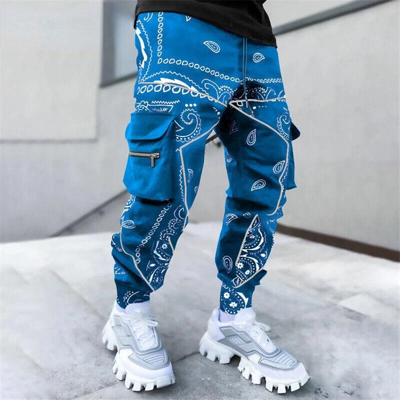 Men Fashion Cargo Pants Sweatpants Pocket Pants Bandana Pattern