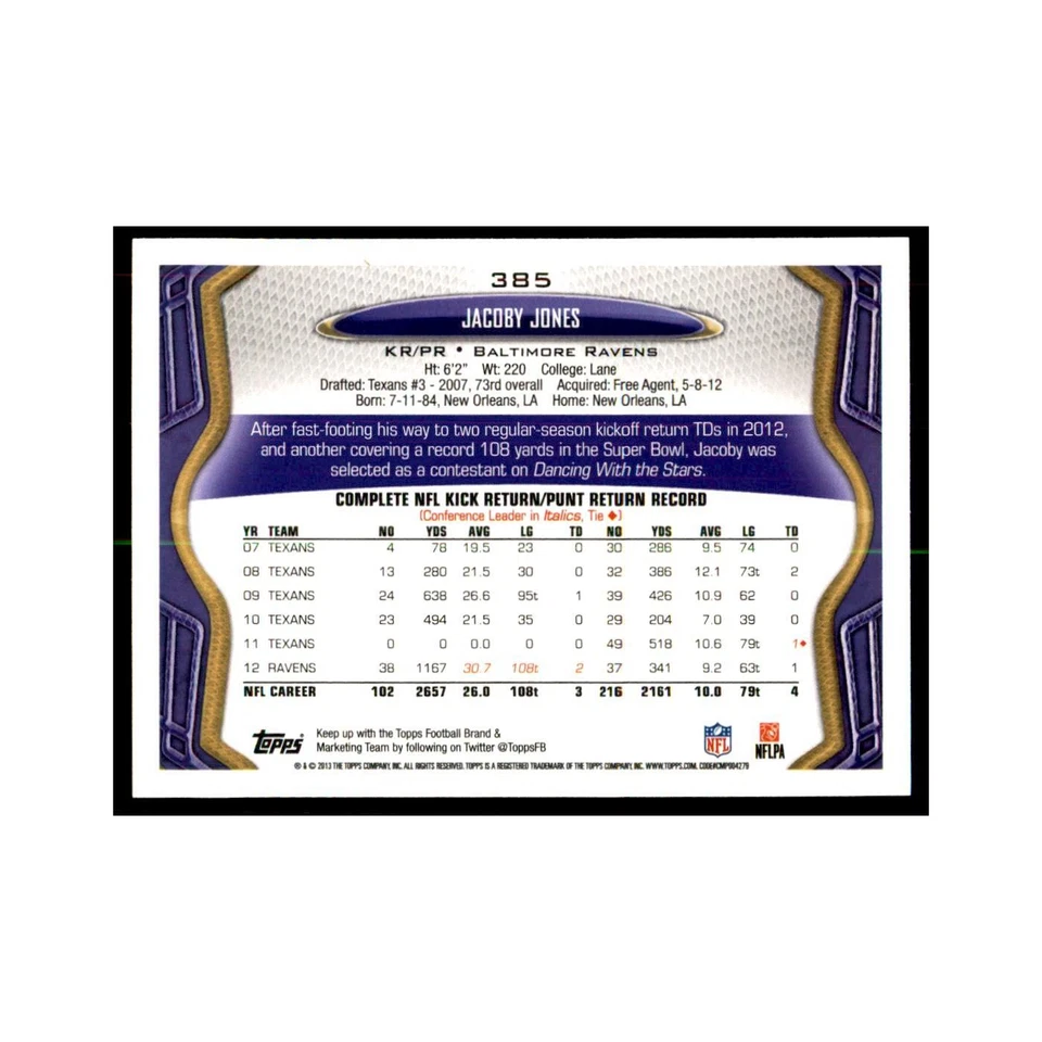 2013 Topps Jacoby Jones Football Cards #385 - Image 2 of 3