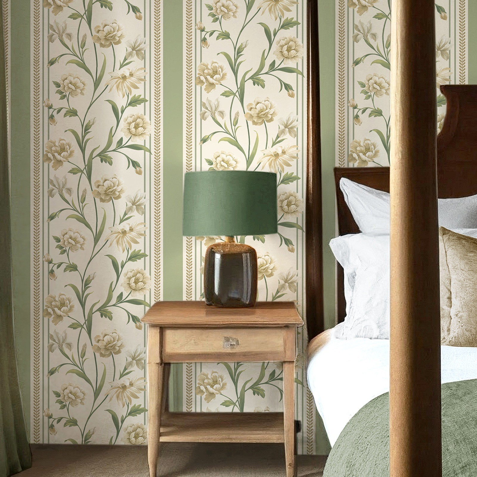 Sage Cream Floral Wallpaper Panel Effect Smooth Flat Finish Feature Wall Bedroom