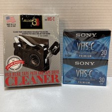 Two SONY VHS C Premium Cassettes and ALLSOP 3 VCR VHS C Head Cleaner