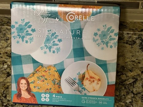 Set of 4 Pioneer Woman Signature Corelle Evie Teal Appetizer Plates 6.75" NEW