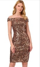 Adrianna Papell Women's Copper Sequin Off Shoulder Dress Size 14 EUC