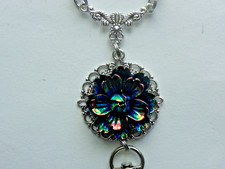 IRIDESCENT BLACK CABOCHON CRYSTALS BEADED LOBSTER CLASP LANYARD ID BADGE HOLDER