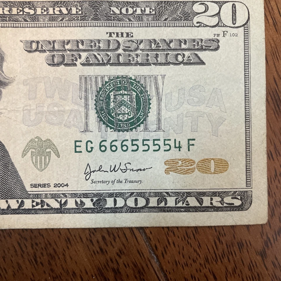 Fancy Serials Numbers “LADDERS” 4,5,6 Oldest $20 2004 EG(66655554)F 🔥 💎 🔥 - Image 2 of 4