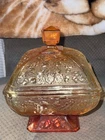Vintage Jeanette Amberina Candy Dish Carnival Glass Acorn Oak Pattern Red Orange