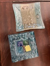 Murano  Square Fused Glass Plate Made In Italy Blue Trinket Dish Small Lot 2