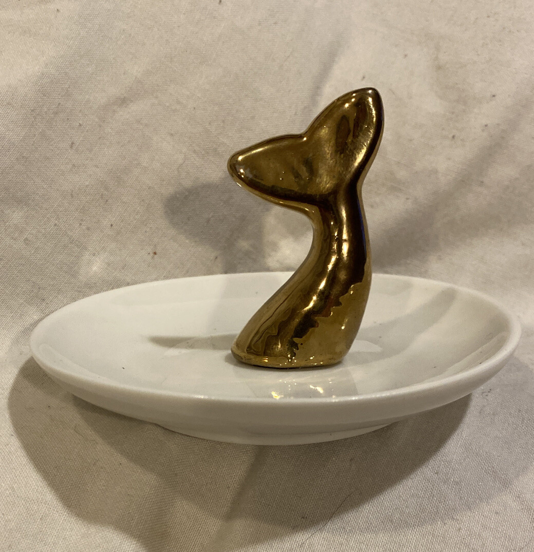 Gold Whale Tale Ring Holder Trinket Dish 4” Jewelry Holder *Great
