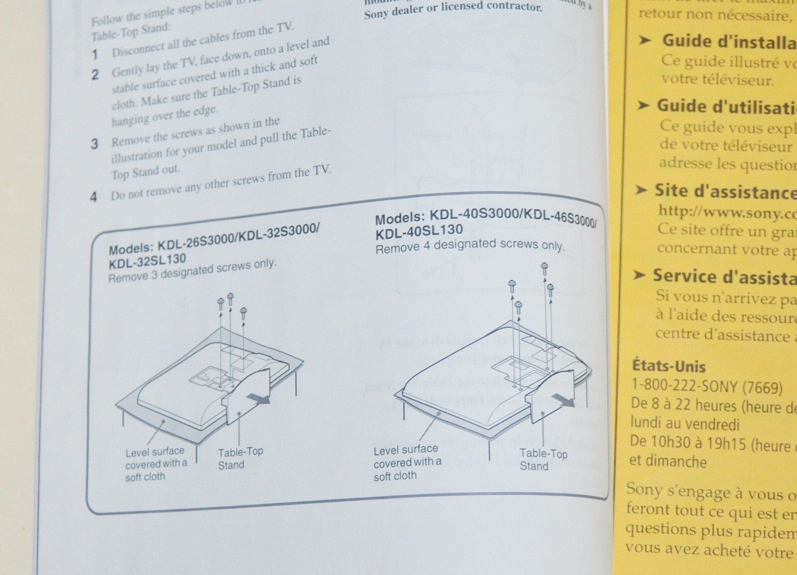 Sony Bravia KDL-40S3000 KDL-40V3000 KDL-46V3000 KDL-40VL130 Stand TV Base MANUAL