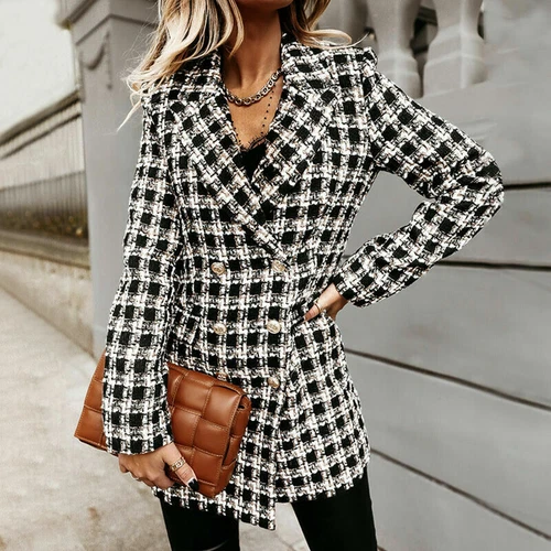 Women's Stylish Check Print Wool Blazer Coat Ladies Long Sleeve Collared Jacket - Picture 49 of 52
