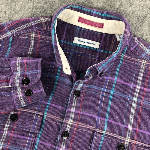 Tommy Bahama Men Button Down Flannel Shirt Large Purple Plaid Long Sleeve Cotton