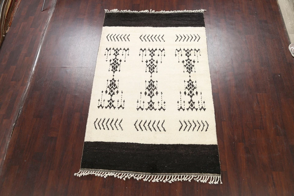 Geometric Ivory Moroccan Berber Oriental Area Rug Vegetable Dye Hand-Knotted 5x8 - Image 2 of 4
