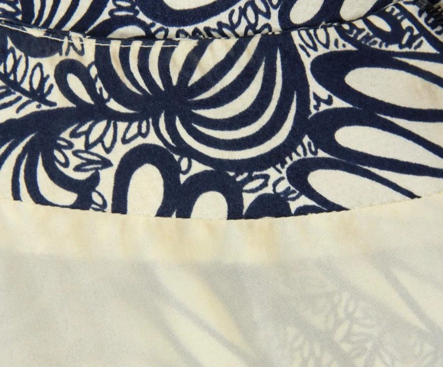 CELINE Abito in guaina collo a V blu navy e crema seta stampa batik 38