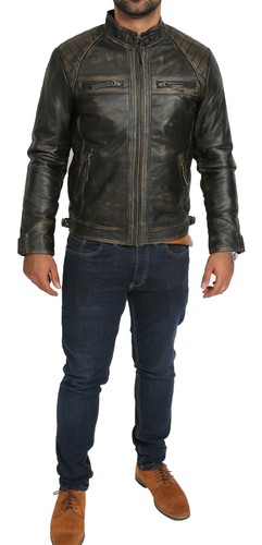 Mens Biker Style Real Leather Jacket Vintage Washed Rub Off Effect Lambskin Coat - Picture 3 of 9
