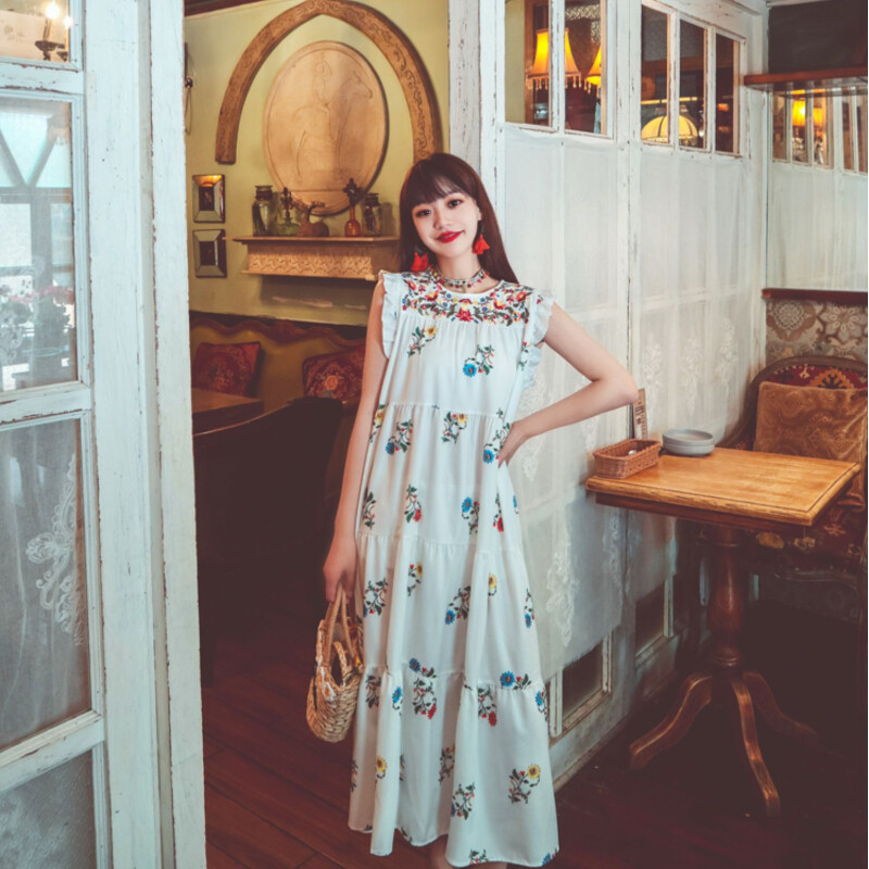 Women Boho Midi Dress Sleeveless Ruffle Hippie Ethnic Embroidery