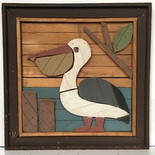 Wood Lath Folk Art 3D Wall Hanging Beach House Pelican