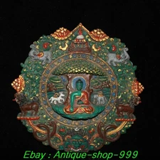 Tibet Turquoise lacquerware Painting Gilt Sakyamuni Amitabha Tangka Wall hanging