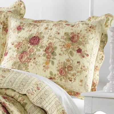 NEW! BEAUTIFUL REVERSIBLE CHIC ANTIQUE YELLOW GOLD RED PINK GREEN ROSE QUILT SET