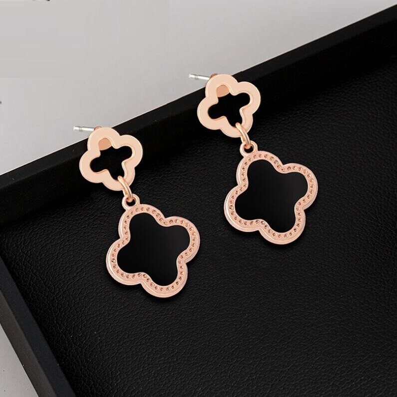 Double Flower Lucky Clover Black/Red Silver/Rose Gold Stud