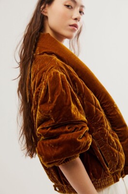 Free People Good Game Bomber Jacket Velvet Quilted Side Pocket Topaz Gold XS NWT