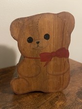 Vintage Wood Hand Made Coin Bank Teddy Bear Shelf Decor Solid