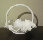 Vintage Fenton Art Glass White Milk Glass Hobnail Basket Crimped Edge Handle