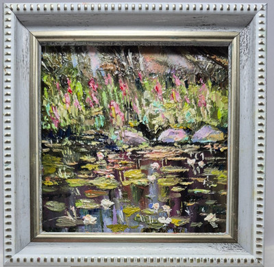 original autographed oil painting framed. Pond with lilies. impressionism.4x4in.