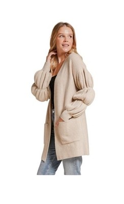 Hem & Thread tan Ribbed Cardigan Sweater with balloon sleeves size  Large NWT