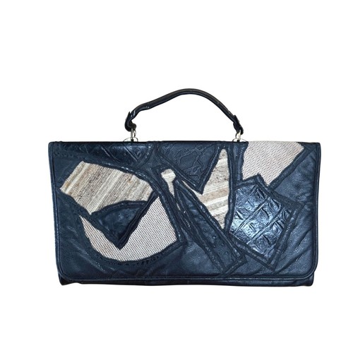 Original by Caprice Womens Handbag Black Snakeskin Leather Patchwork Vintage 70s