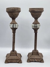 ZW - Paar alte Kerzenständer Gusseisen Patina Globus Gussglas Antik Stil