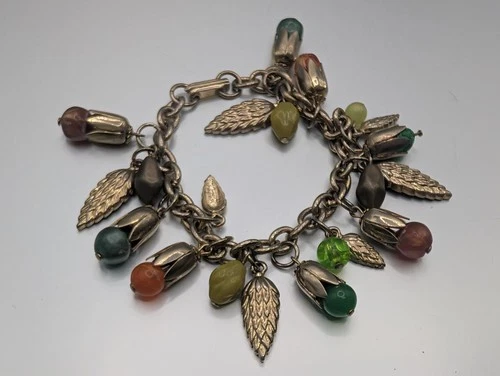 Vintage Costume Jewelry 1960s Fall Tones Beaded Leaf Bracelet Gold Tone Metal