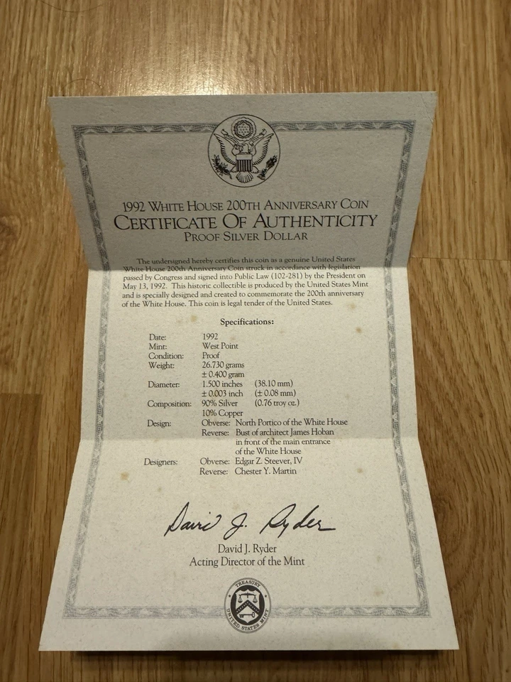 1992 The White House 200th Anniversary Coin Proof Silver Dollar w/Box & COA - Image 2 of 3