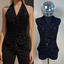 VINTAGE Peak by Starlink Black Beaded Sequin Halter Top, Size 8, Evening Glamour