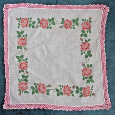 Vintage pink rose flowers w/crochet edge handkerchief, hanky
