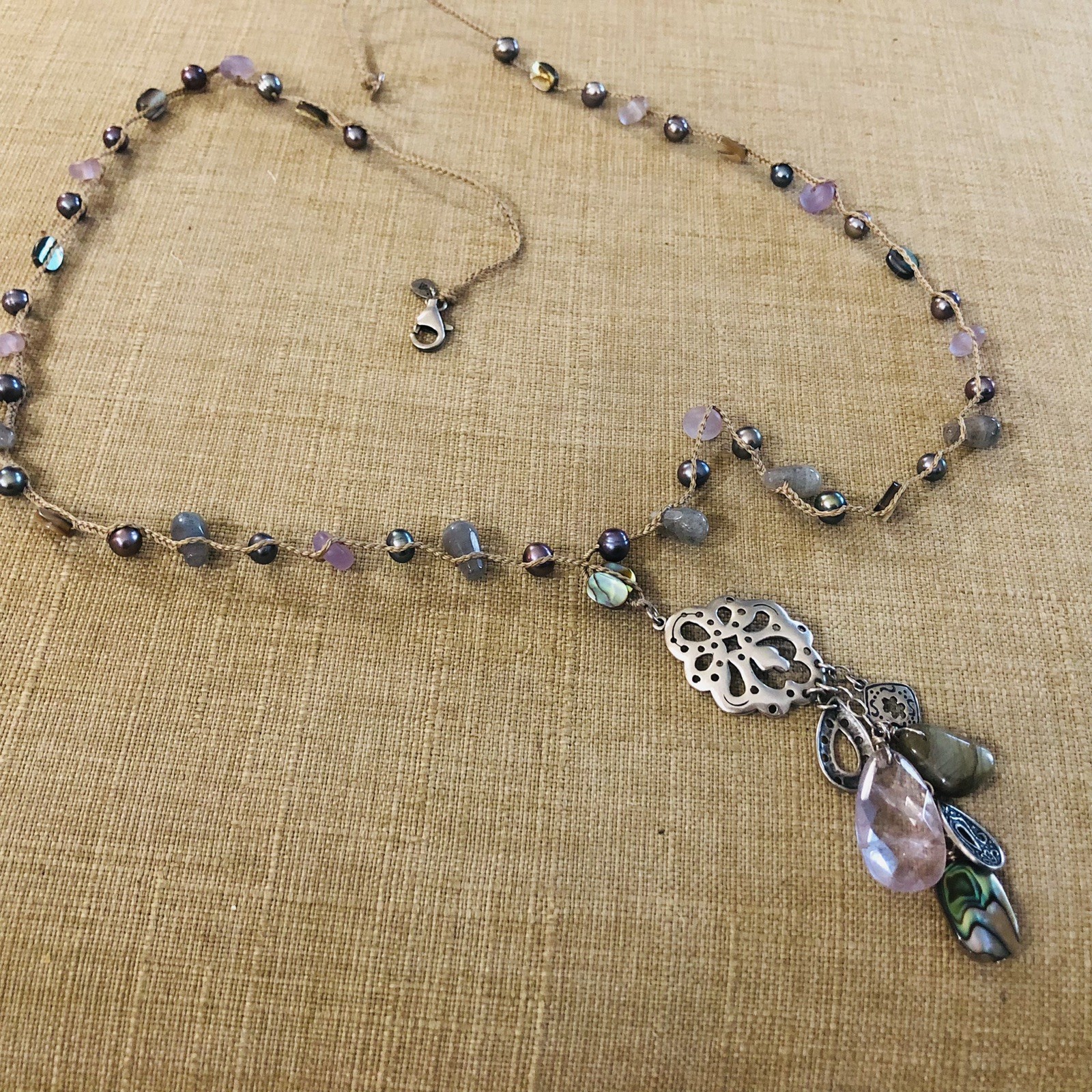 Silpada Necklace-N2103 Sterling Silver Feldspar Amethyst Braided Silk Cord 32” A