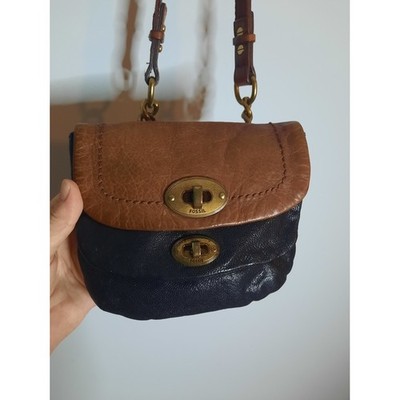 Fossil Brown and Black Leather Small Fold Over Crossbody Bag