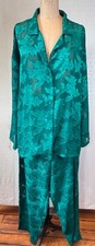 VTG VICTORIA'S SECRET TEAL GREEN SHEER FLORAL PRINT 2PC PAJAMA SET TOP PANTS L
