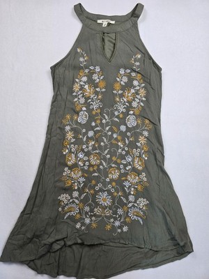 Miami Francescas Sleeveless Olive Green Floral Embroidered Dress XS Boho