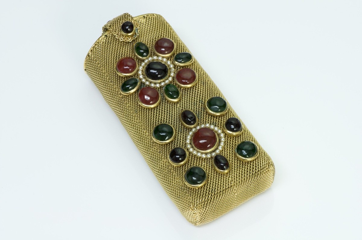 CHANEL 1994 Maison Gripoix Green Red Cabochon Glass Metal Mesh