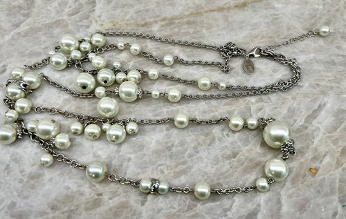 White House Black Market Faux Pearl Silver Tone Chain Double Strand Necklace - Picture 5 of 6