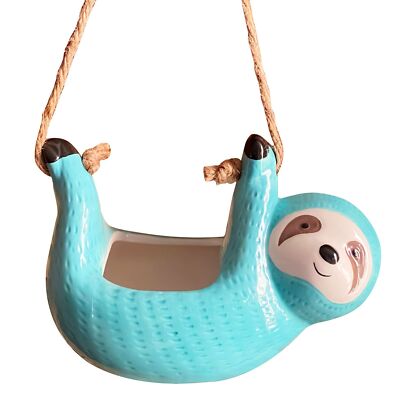 Ceramic Hanging Sloth Planter - Succulent Plant Holder - Air plant Pot - Blue