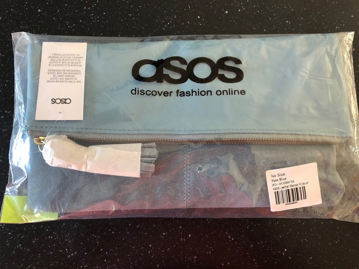 ASOS LEATHER SLANTED PALE BLUE FOLDOVER /CLUTCH/PARTY BAG